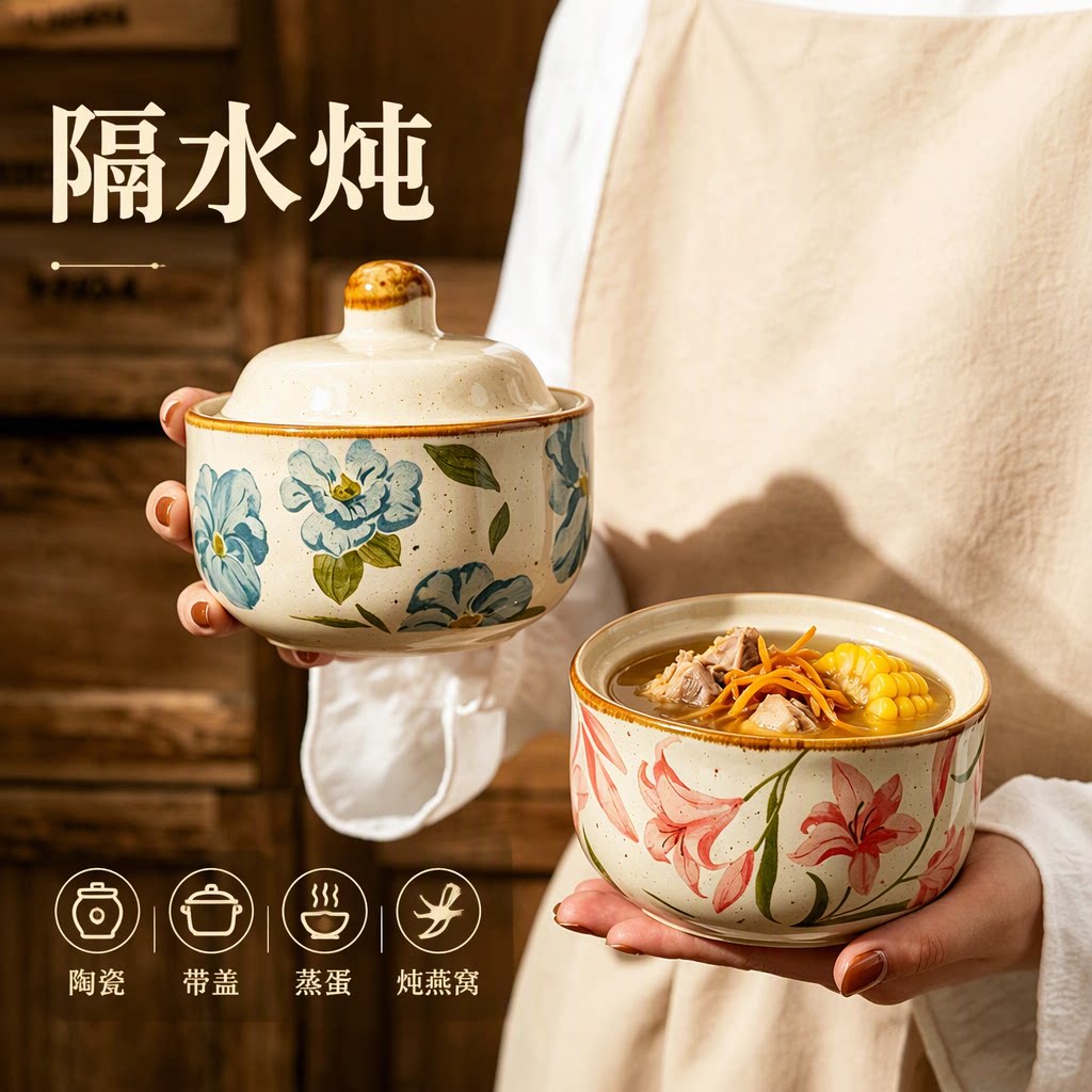 稻森复古陶瓷隔水炖蒸盅蒸蛋燕窝