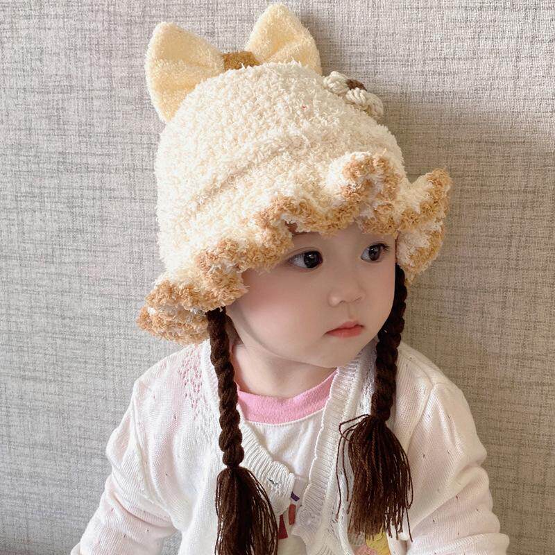 婴儿帽子宝宝假发辫子毛线帽子图片