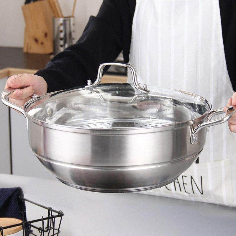 家用汤锅单层蒸锅不锈钢火锅锅蒸鱼大容量瓦斯炉专用锅水饺锅煮锅