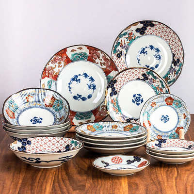 日本美浓烧进口陶瓷餐具古伊万里烧染锦饭碗大平盘蘸料碟煮物菜碗