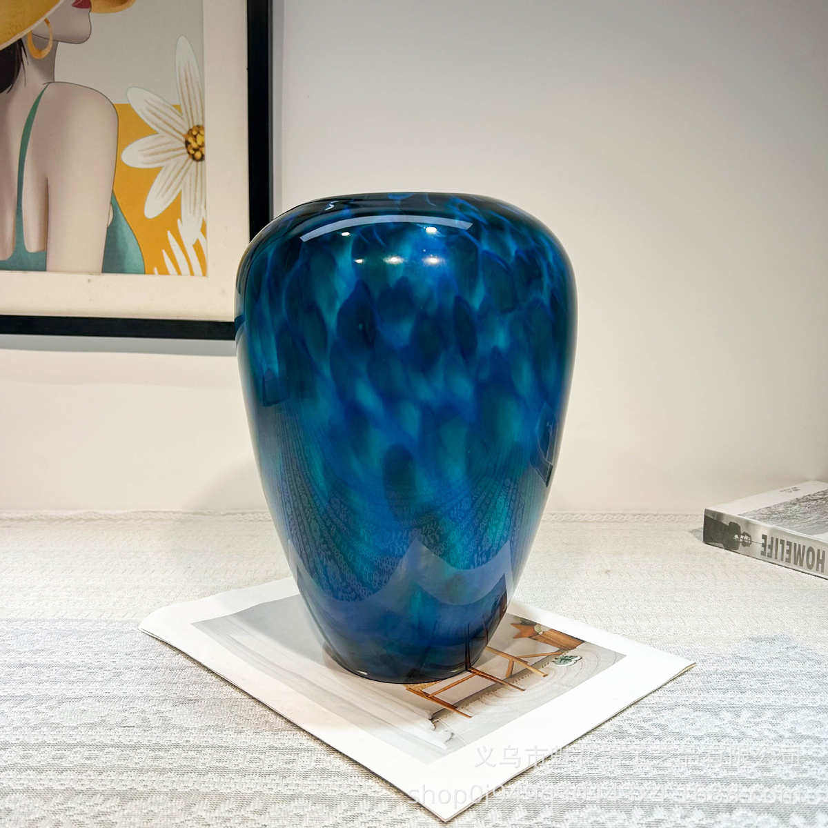 新中式孔雀翎手工大口径琉璃花瓶电视柜博古架高级样板间创意摆件,家居饰品,花瓶,淘宝优惠券,粉丝福利购,淘宝优惠卷