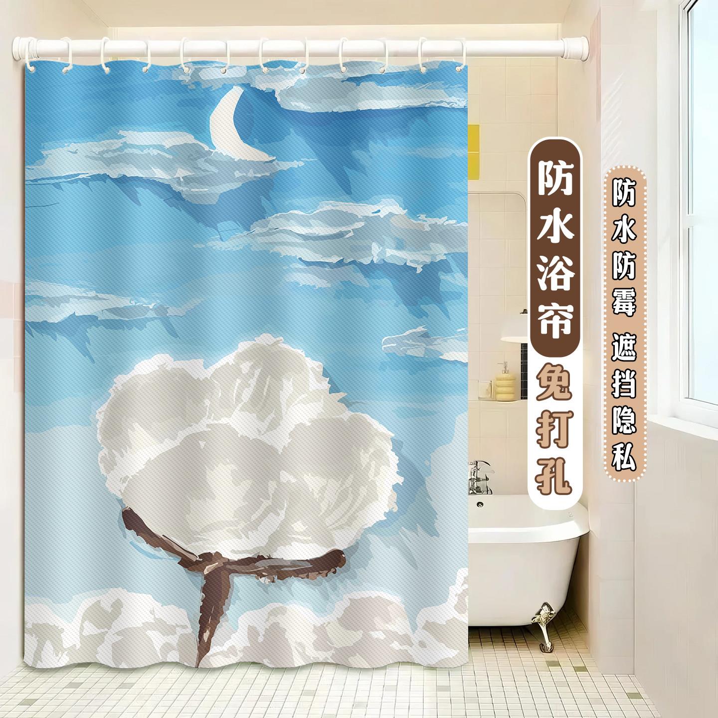 风景油画浴室挡水帘防水防霉浴帘卫生间干湿分离免打孔洗澡遮挡帘