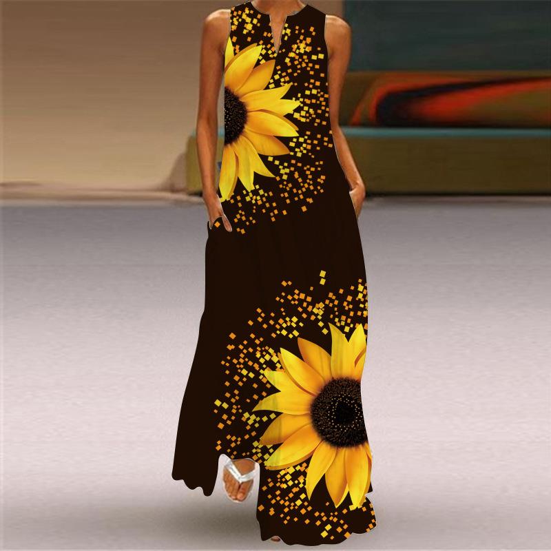 Womens Sleeveless Long Dress V Neck Emerald Flower Dress