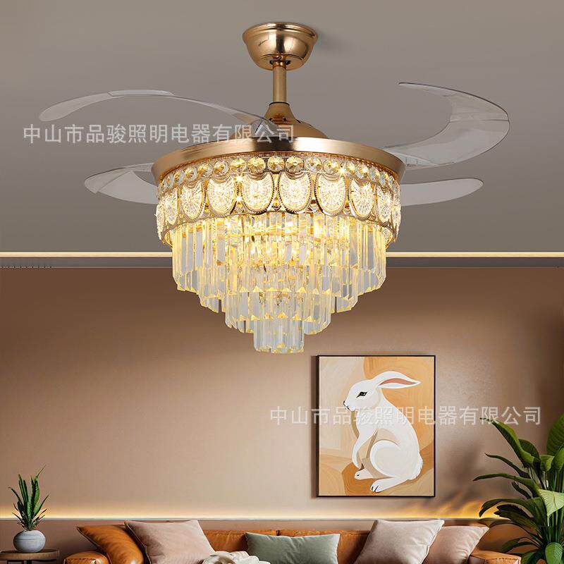 高级感欧式水晶风扇灯客厅餐厅卧室吊扇灯轻奢智能电扇灯跨境