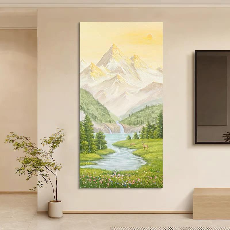 网红纯手背油画日金照山客装饰画有靠山肌版玄关丙烯厅绘理轻奢竖图片