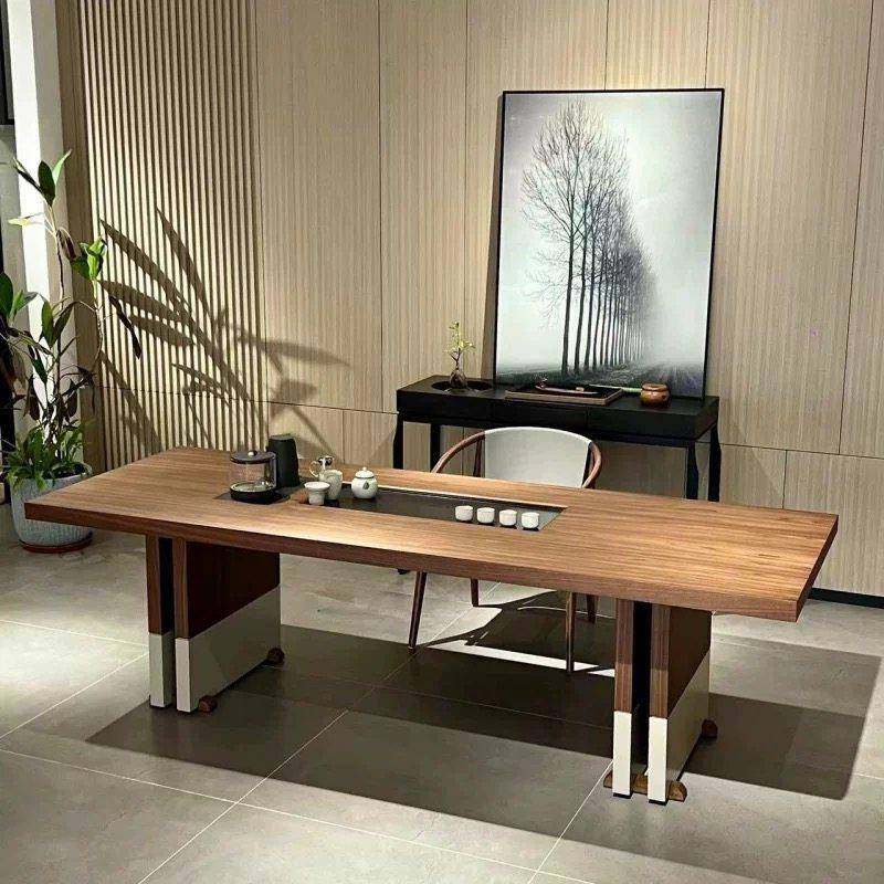 新中式北美黑胡桃木茶桌 宋式美学茶桌办公室泡茶台实木定制家具