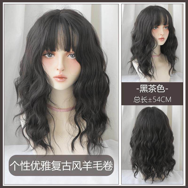 正品假发女性中发羊毛卷刘海发短发雾蓝色自全长头锁骨头发流行然