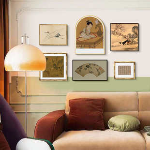 新中式中古客厅书房复古艺术装饰画法式中国风组合茶楼挂画百马图