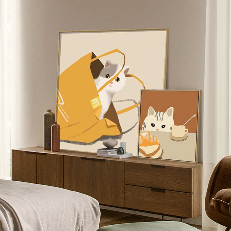 北欧ins风小众猫咪海报装饰画小清新卧室餐厅治愈系挂画玄关壁画图片