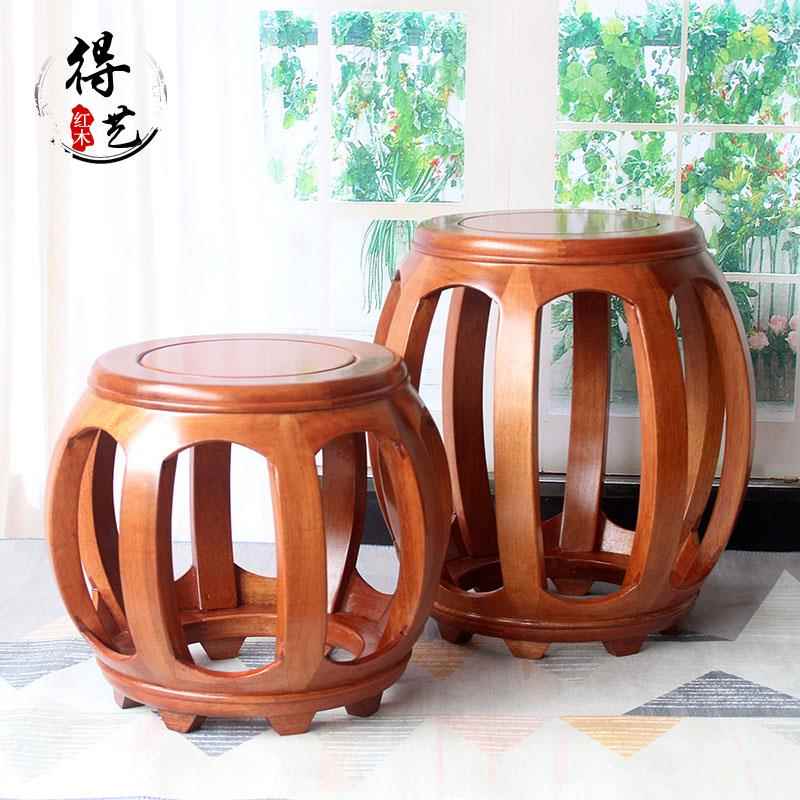 特价中式实木鼓凳家用客厅茶几旁红木凳子菠萝格印茄木雕花圆凳子