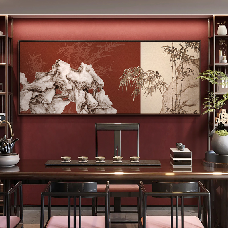 新中式茶室禅意石竹双清图大幅尺寸高档挂画客厅沙发背景装饰画