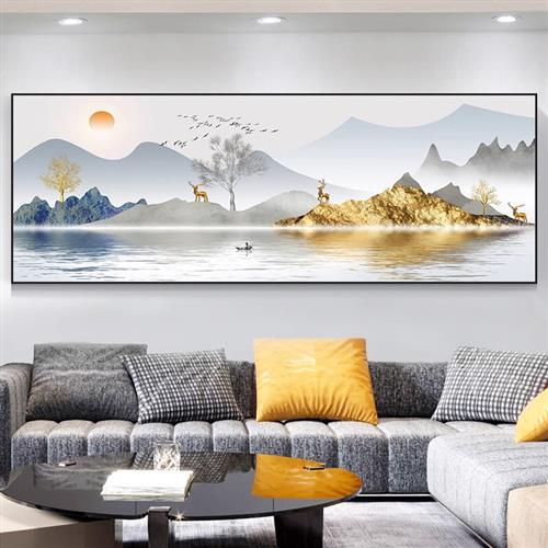 挂画客厅沙发背景墙装饰画温馨家庭山水有框油布晶瓷鹿画卧室壁画图片