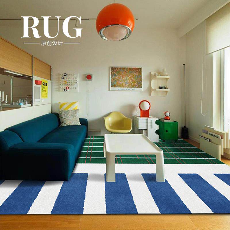 蓝色条纹客厅地毯轻奢高级感沙发茶几现代风法式复古卧室地垫免洗