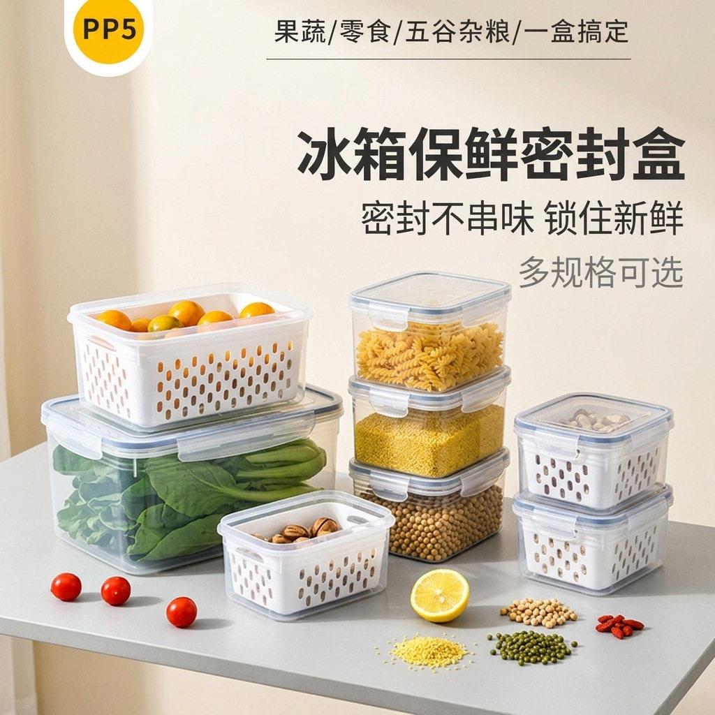 创意家用双层沥水透明冰箱保鲜盒分隔大容量果蔬透气分格收纳盒