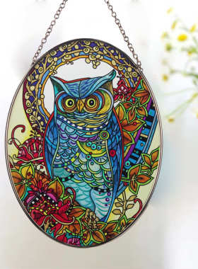 diy猫头鹰装饰品玻璃家居客厅挂饰彩绘工艺品饰摆件摆