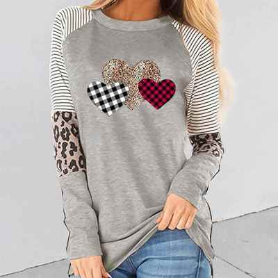 Long Valentines Round Day Heart Top Stitching T-shirt Love
