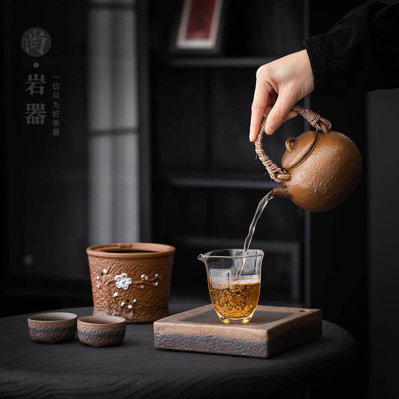 酒精炉煮茶壶套装家用煮茶器粗陶提梁壶蜡烛加热底座酒精灯烧水壶