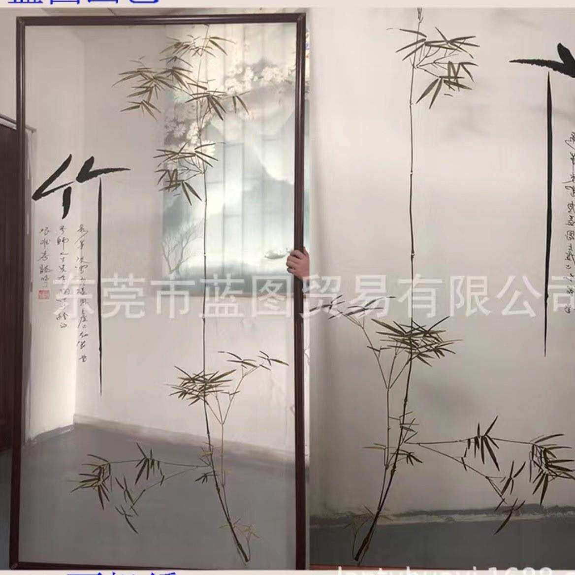双面半透明纱布画双面绣实木边框屏风客厅书房卧室轻奢风玄关