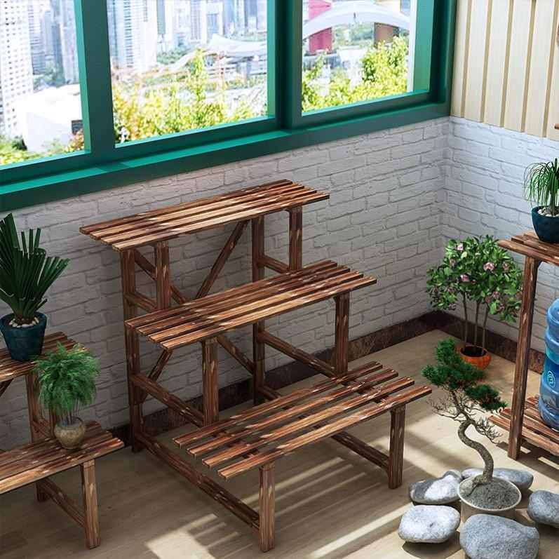碳化防腐实木花架三层阶梯阳台置物架多层户外花盆架加固大花余间