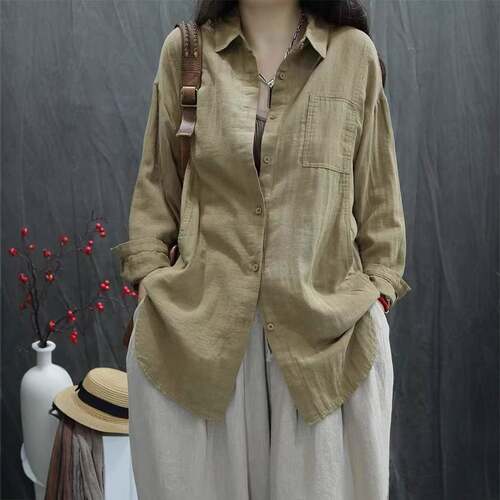 Casual Minimalist Basic Long Sleeve Shirt Loose Fit Plain
