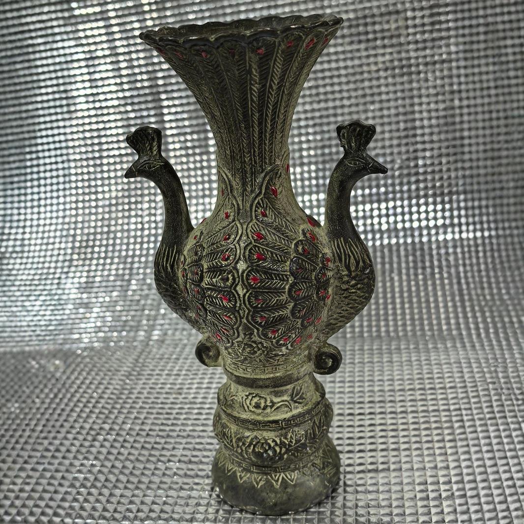 仿古做旧古玩老铜器摆件仿古青铜孔雀瓶吉祥如意双凤花瓶装饰品