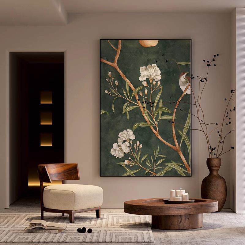 绿色抽象植物复古风客厅餐厅美式玄关装饰画卧室床头壁画竖版挂画