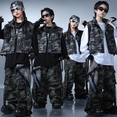儿童街舞潮服男女童嘻哈迷彩马甲套装学生少儿架子鼓hiphop演出服