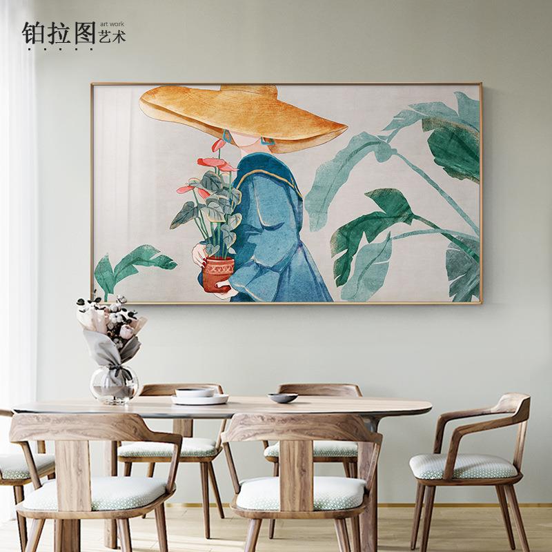 现代北欧客厅装饰画文艺小清新手绘美女插画卧室床头挂画油画墙画
