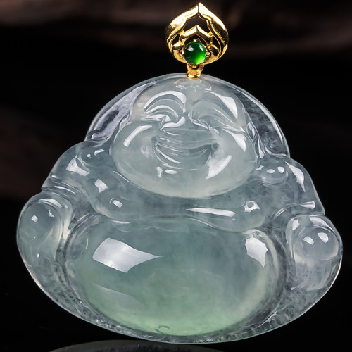 天然缅甸玉佛吊坠翡翠男女正品拍卖18K扣水润浅绿笑佛公吊坠6.04g