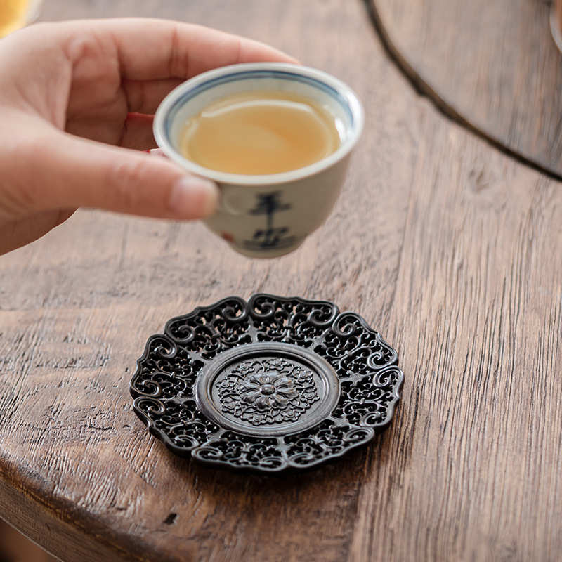 紫光檀镂空缠枝莲纹雕刻茶杯垫禅意复古茶具中式隔热茶托繁花