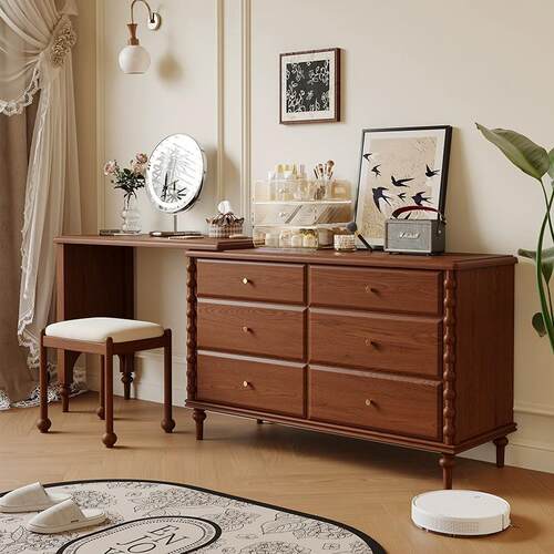 中古风实木复古梳妆台卧室客厅储物收纳柜法式斗柜伸缩转角化妆桌