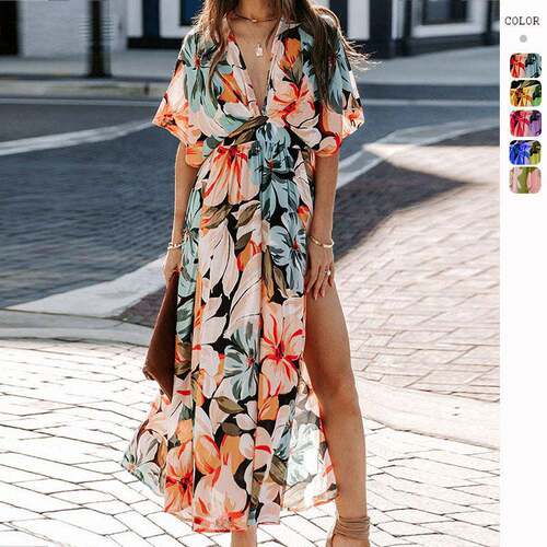 Women's Floral Print Deep V Neck Split Hem Maxi Dress