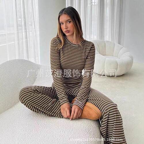 Womens Casual Home Set Striped Crew Neck Long Sleeve T-Shirt