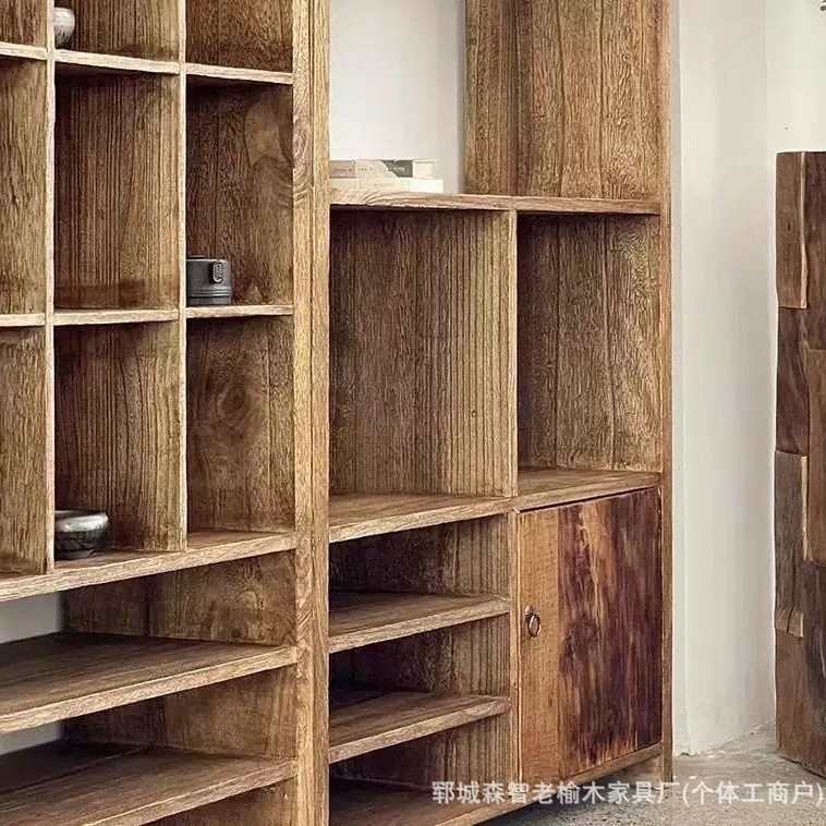 侘寂风老榆木博古架多宝阁中式实木书架客厅靠墙陈列架茶具收纳架