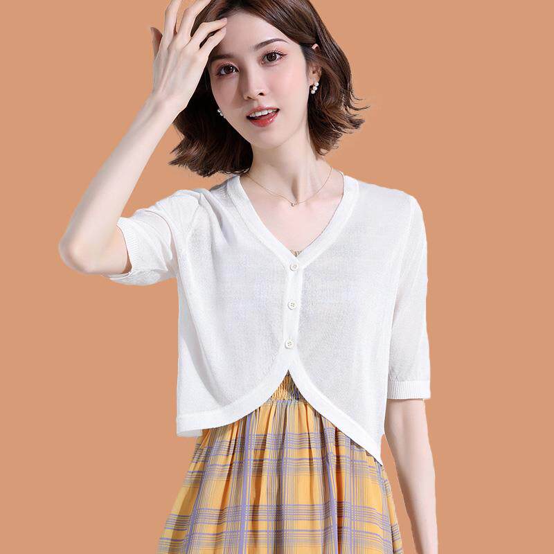 桑蚕丝针织衫薄款女夏季短袖空调开 衫外套配吊带裙白色小披肩外