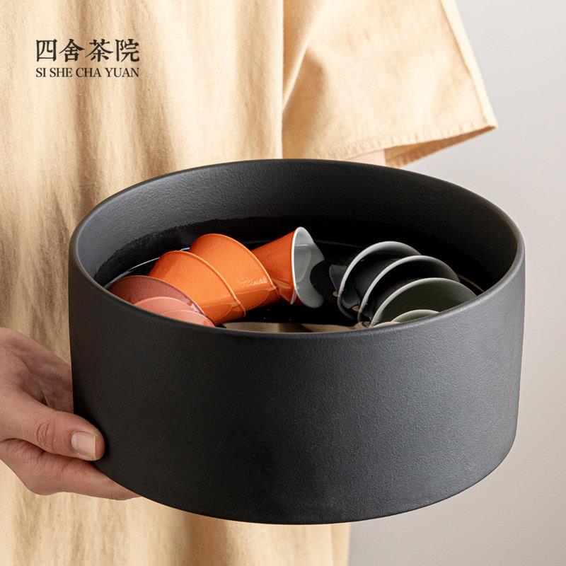 粗陶茶洗水盂 茶具配件笔洗茶桶茶渣桶大号茶洗缸纯色洗茶具盆S