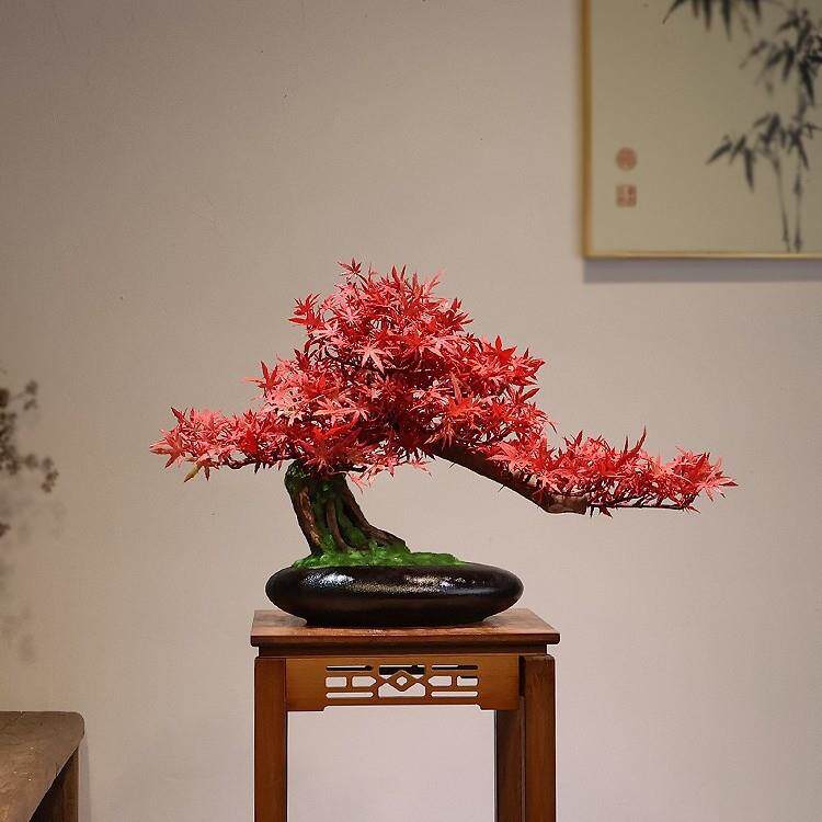 仿真玄关绿植迎客松实木摆件红枫树盆景新中式客厅博古架茶室装饰
