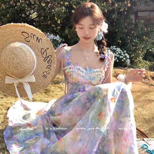 Acaine【3/20 20:00 前四小时9折款】浮光莫奈 收腰吊带a字连衣裙