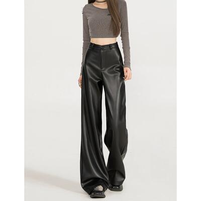Women Faux Pants Waist Straight Leg Matte Casual Trousers
