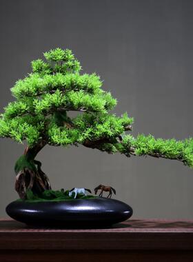 新中式迎客松摆件玄关边柜子装饰品办公室根雕造景茶台创意禅绿植