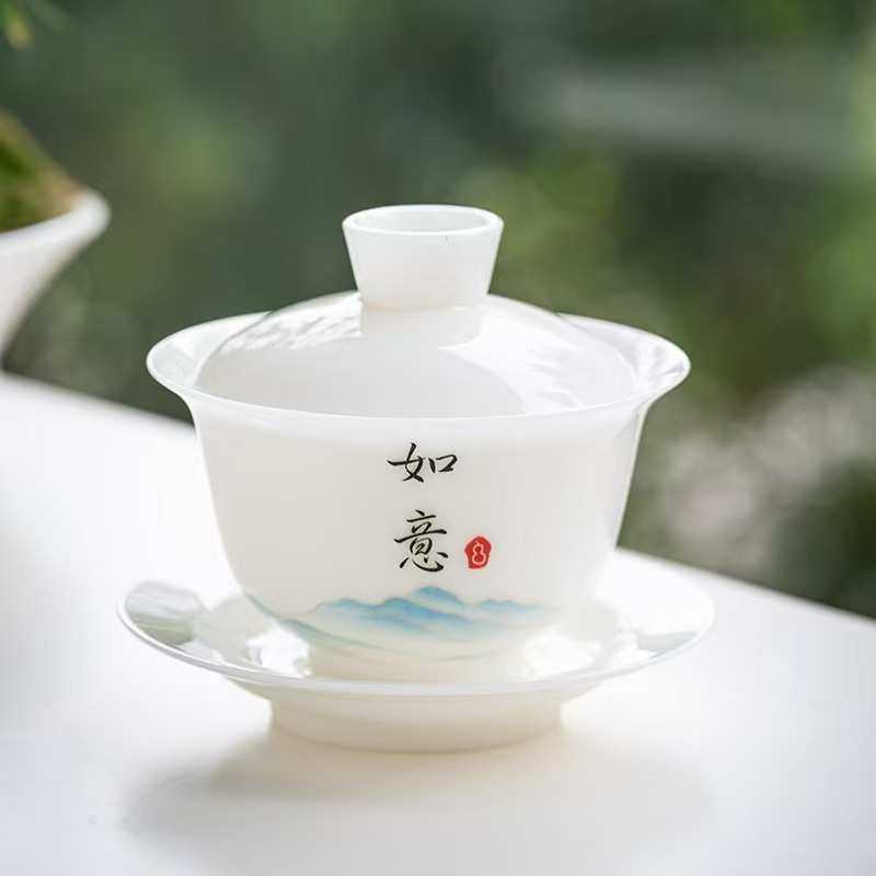 高档白瓷冰种玉薄胎陶瓷家用单个敬茶碗茶杯功夫茶具三才盖碗,餐饮具,盖碗,淘宝优惠券,粉丝福利购,淘宝优惠卷