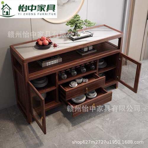 乌金木岩板餐边柜实木两门新中式轻奢高端客厅入户茶边茶水柜靠墙
