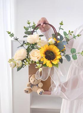 手提向日葵玫瑰花束花篮彷真花干花装饰摆件妇女节diy插花材料包