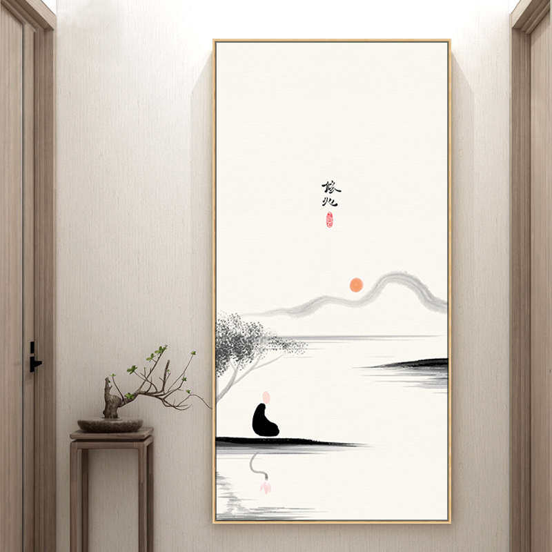 沙弥小和尚茶室玄关壁画茶室包间挂画入户竖版新中式禅意装饰画