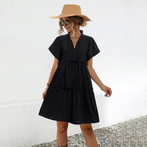 Womens Split V Neck Drawstring Neck Tie Ruffle Tiered Dress