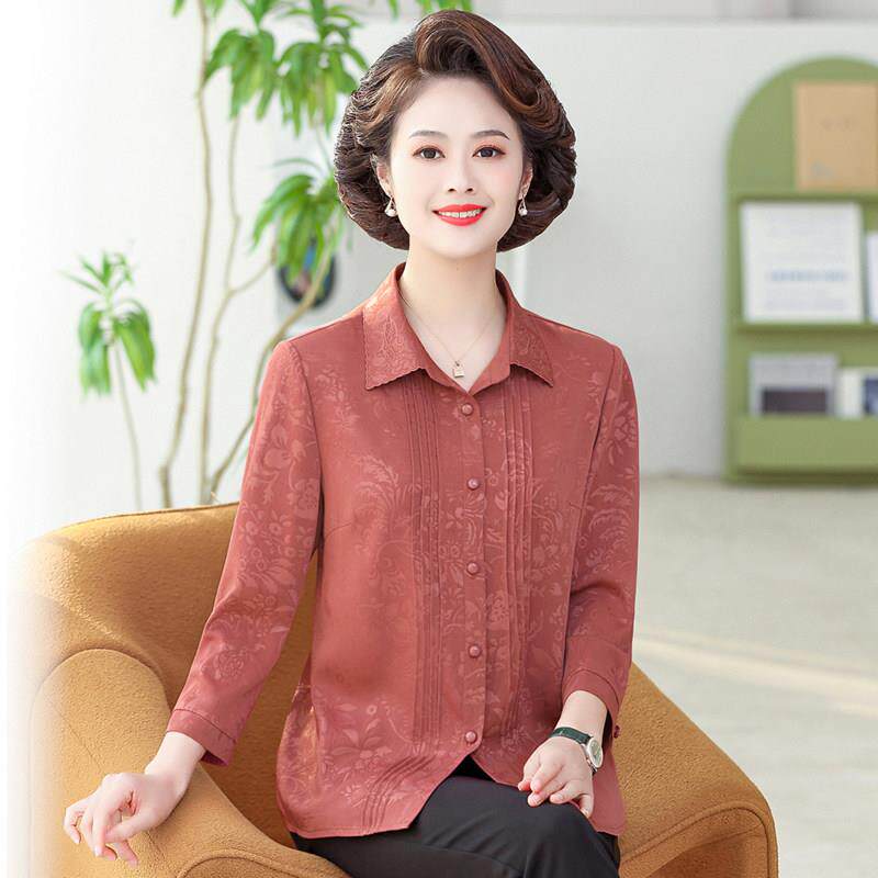 五十岁妈妈春夏装真丝长袖衬衫中老年人女装遮肚大尺码衬衫奶奶小