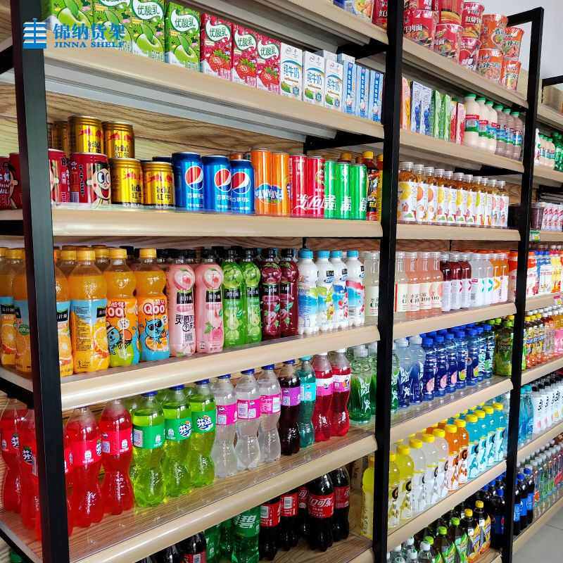 锦纳超市货架铁质转印木纹色货架便利店商场精品展示架储物置物架