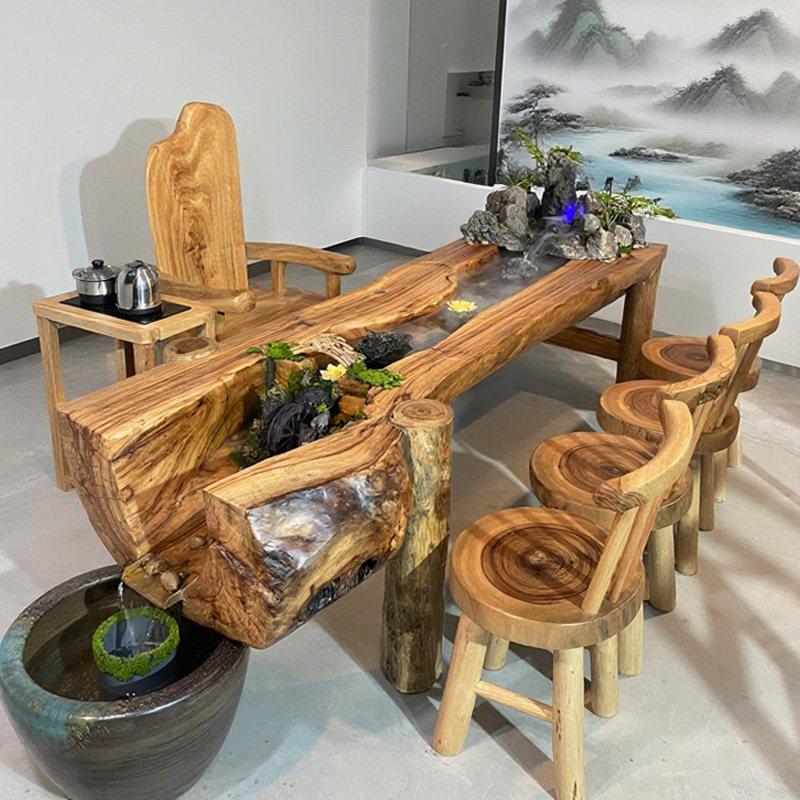 香樟实木异形茶几高端原木风生态茶台 景观养鱼流水茶桌 榫卯结构