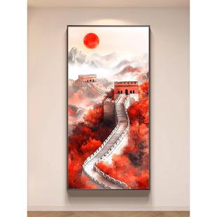 鸿运当头玄关柜入户正对门挂画高端大气客厅装饰画万里长城晶瓷画