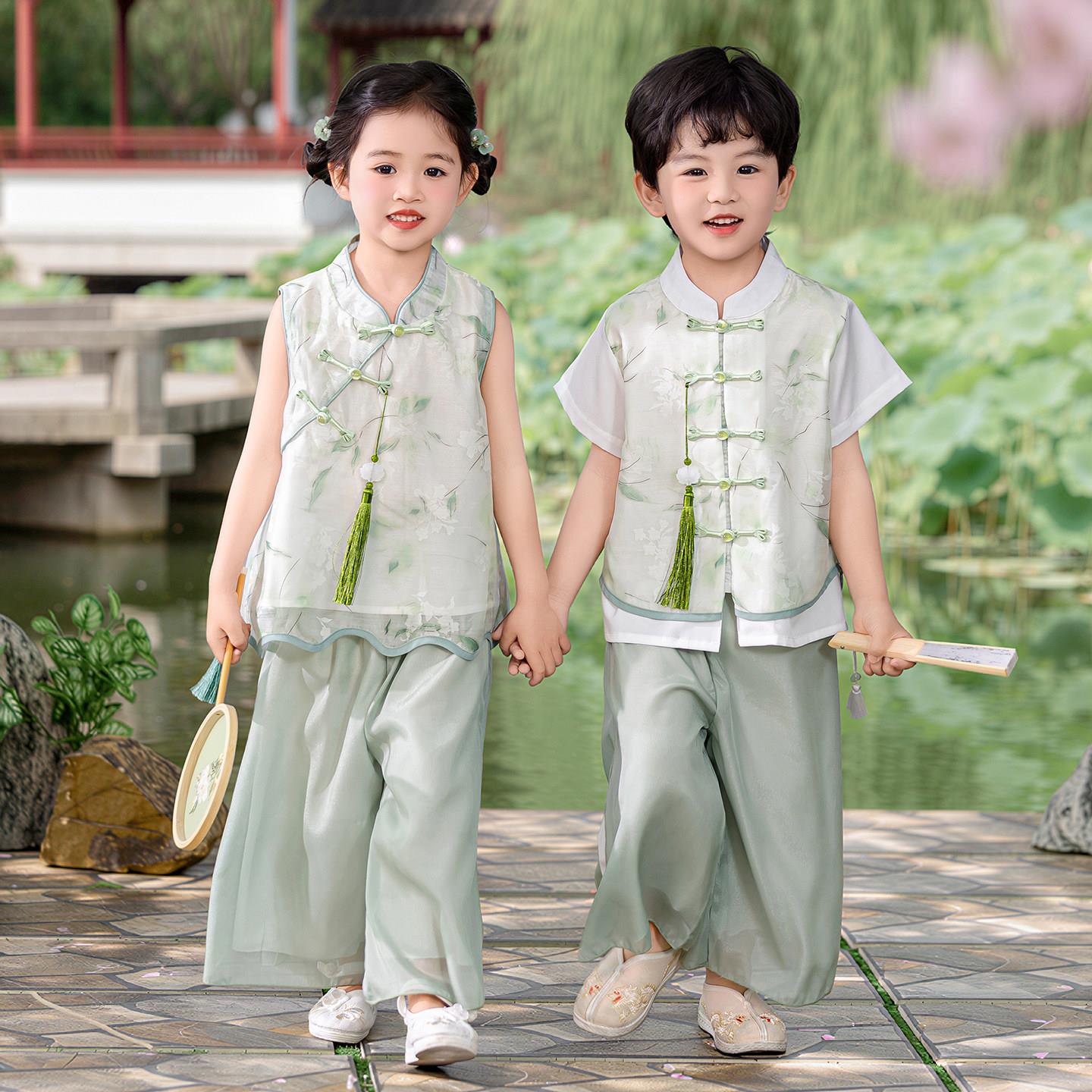 儿童古风汉服男童新中式女童六一幼儿园古诗词朗诵合唱演出服绿色